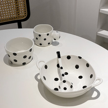 经典黑白双耳波点汤碗赫本风陶瓷吃饭碗杯子家用一人食碗盘子套装