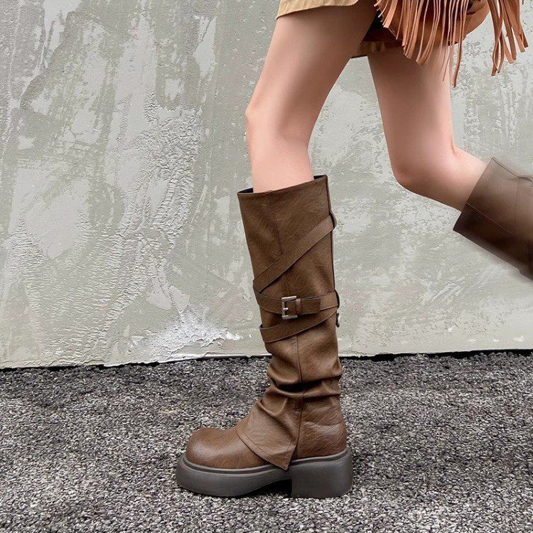 Brown high boots heels platform