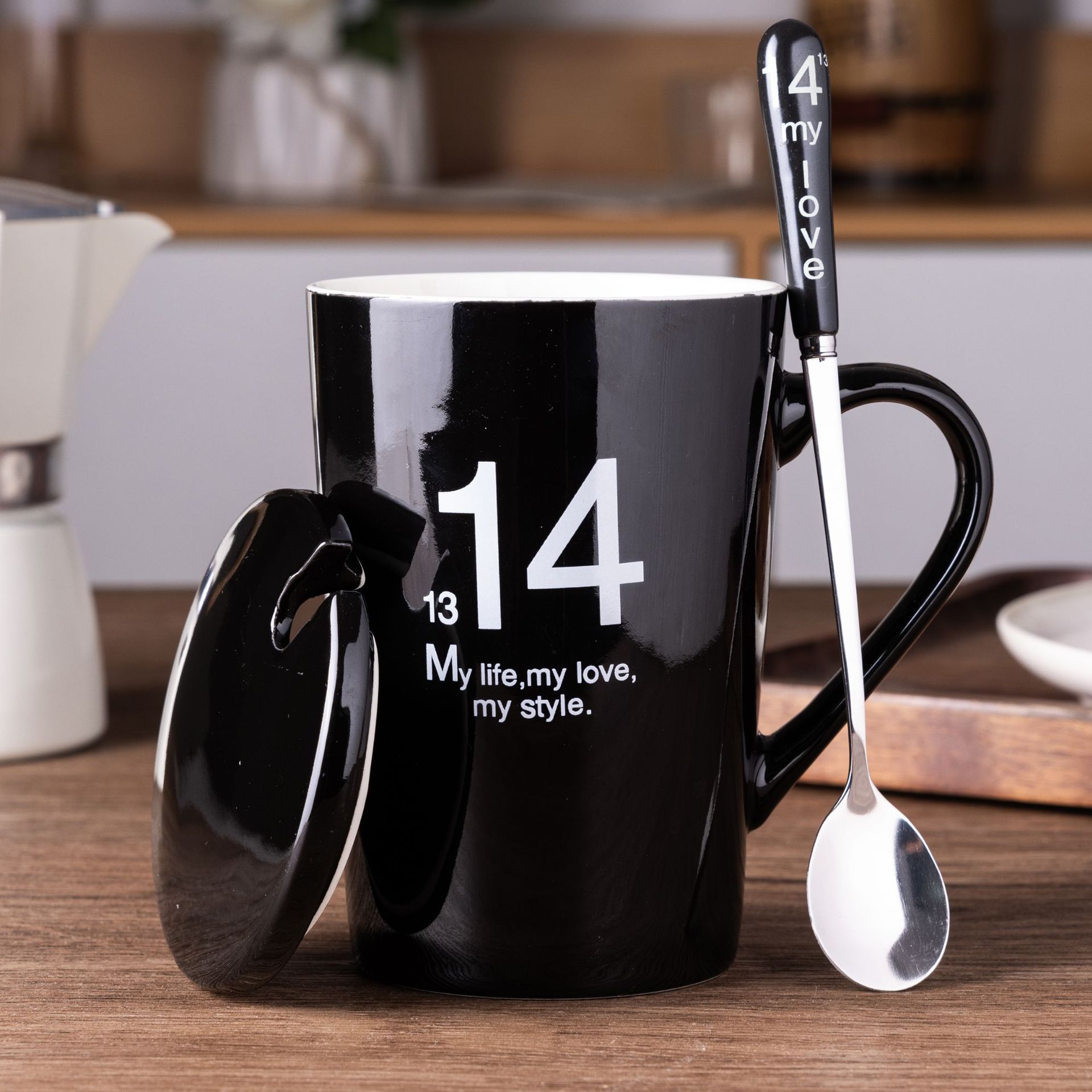Hot sale creative gift mug digital ceramic mug with lid spoon handy water cup Milk Cup coffee cup wholesale