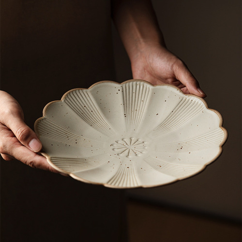 Japanese-style rough glaze tableware retro terracotta bowl set for home, rice bowl and soup bowl ceramic chrysanthemum Western dinner plate and dish set