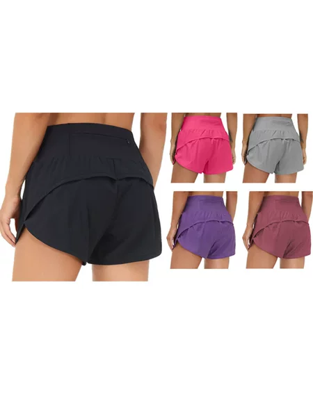 2026 Amazon Cross-Border Hot-Selling Women's Running Shorts with Faux Two-Piece Design, Zipper Pockets, High Waist, and Quick-Dry Yoga Shorts