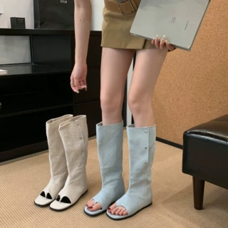 【不含税】饰与美韩国东大门新款春夏季露趾长靴牛仔布翻边两穿低
