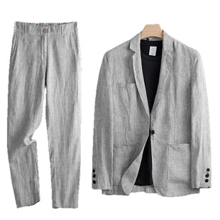 European and American Cross-Border Popular Men's Autumn Cotton and Linen Suit with Linen Collar, Fashionable Casual Suit with Lining, Men's Clothing