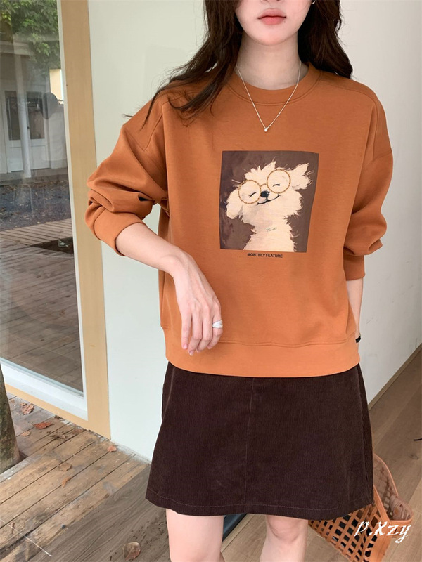 013 慵懒风圆领卫衣女秋季新款薄款休闲卡通长袖女式卫衣百搭外套|undefined