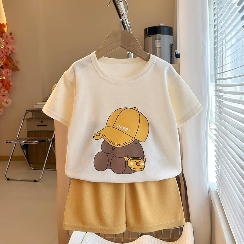 Children's Summer Two-Piece Set, Unisex Korean Style, Breathable T‑Shirt & Shorts with Baseball Hat, Sizes 80–120