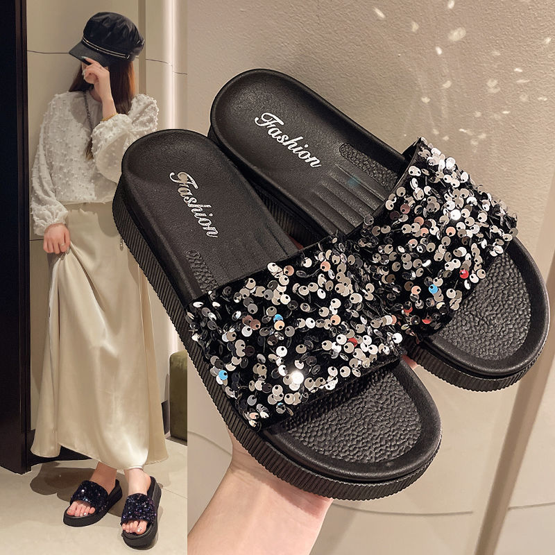 Thick-soled Slippers Summer 2024 New Platform Sequin Fashion Fairy Classy Outer Wear Beach Word Sandals Thick-soled Slippers Summer 2024 New Platform Sequin Fashion Fairy Classy Outer Wear Beach Word Sandals