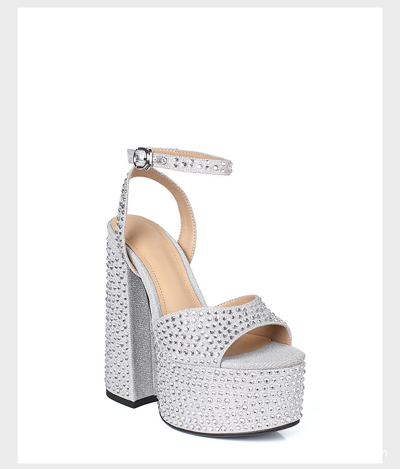 Sandal nữ siêu cao gót da thật đế dày chống trượt đính đá rhinestone gót 15 cm — Rượu sâm banh chi tiết 12