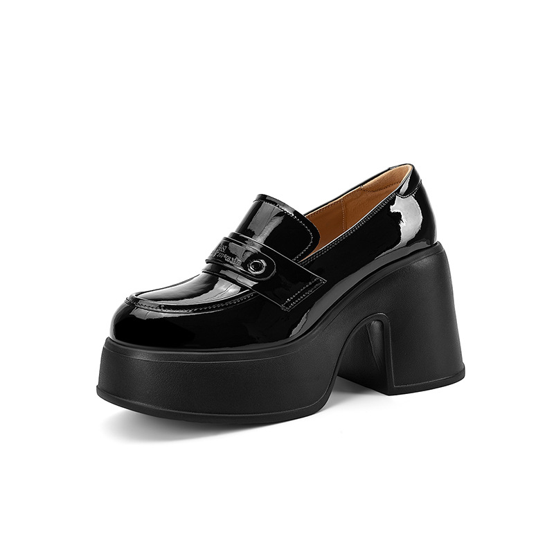 Giày loafer nữ gót vuông cao 10 cm da thật cổ sâu phong cách JK — màu đen, màu trắng ngà