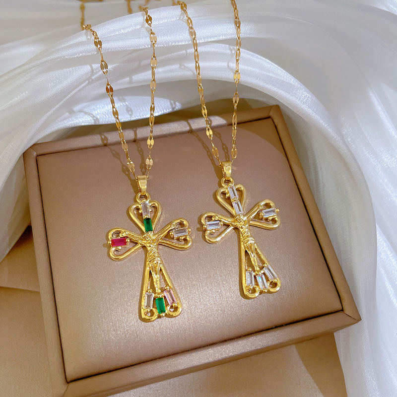 Ethnic Style Cross Stainless Steel Inlay Artificial Gemstones Necklace 1 Piece