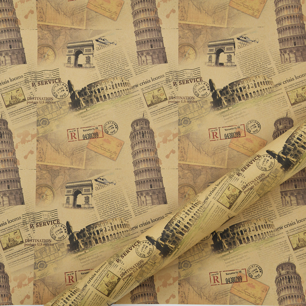 Papel de embalaje de papel Kraft engrosado directo de fábrica retro periódico inglés creativo Torre bicicleta impresión papel de embalaje image 12