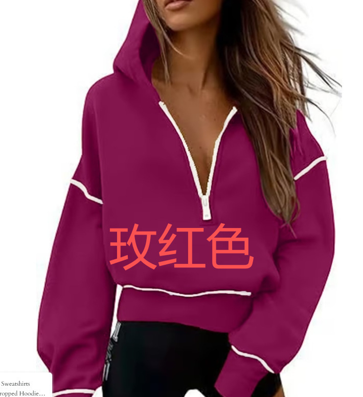 2025亚马逊新款女士连帽运动衫长袖半拉链短款卫衣女时尚休闲秋冬|undefined