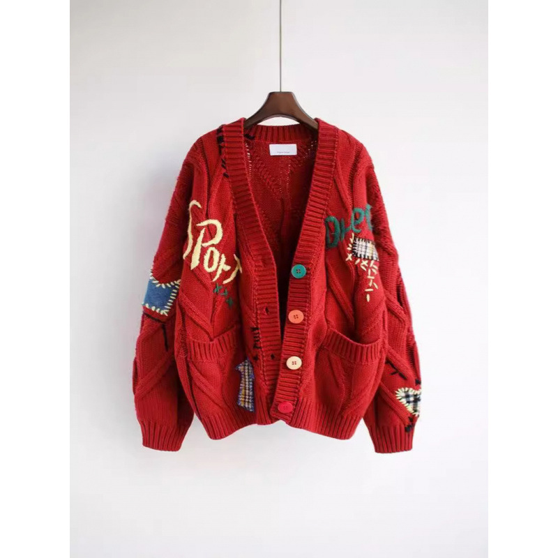 ファッショナブルなレイジースタイルの女性用刺繍セーター2025年秋冬新作レターデザインルーズニットセータージャケットトレンディ|undefined