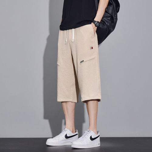 Summer thin straight-leg casual pants for men, elastic versatile business fashion slimming ice silk mid-calf pants for men, five-inch