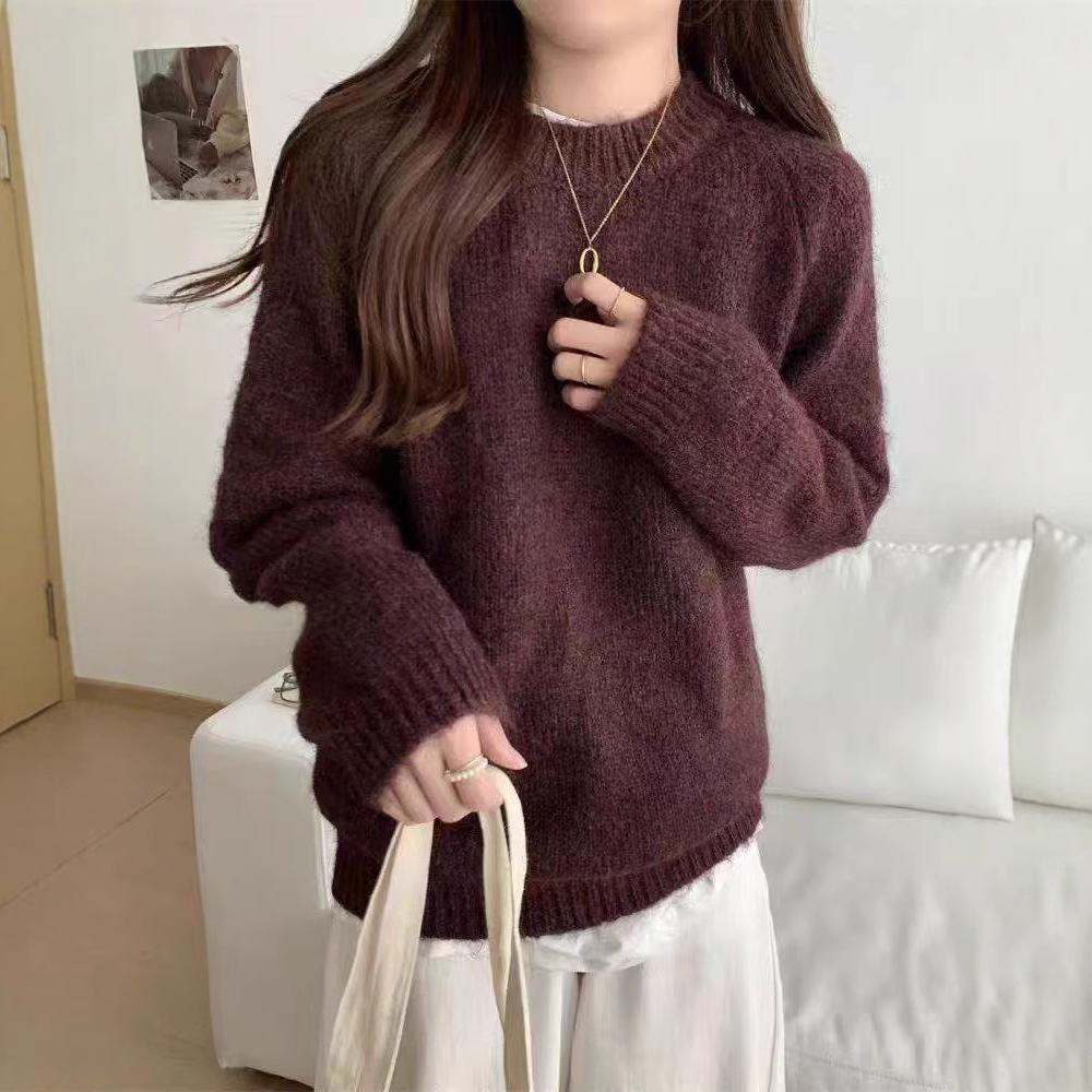 Pull oversize à épaules tombantes – Pull en peluche à blocs de couleurs (col rond, coupe décontractée, minimaliste gris/avoine/marron, indispensable du travail au week-end)_voghion.com
