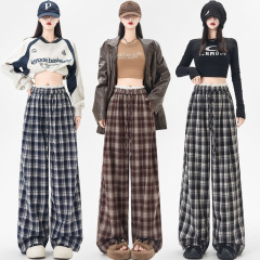 蕾丝花边格子阔腿裤女2025秋季新款高腰慵懒宽松直筒休闲拖地裤子