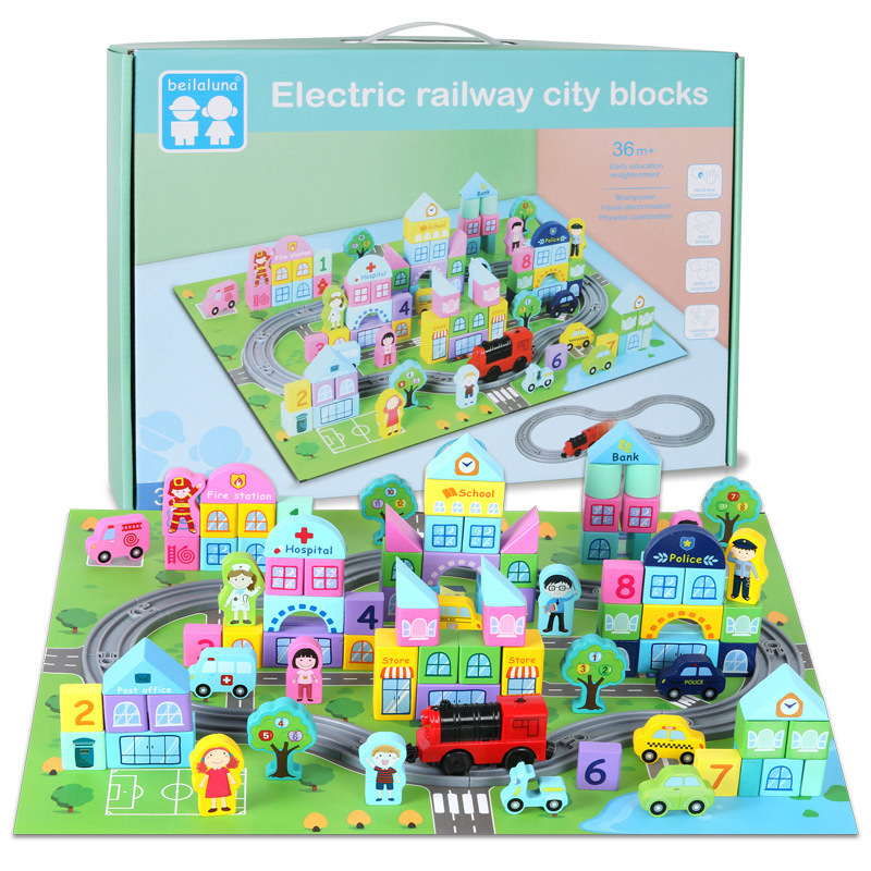 Wooden children's building blocks small train tracks electric simulation model building puzzle multi-functional 3-year-old boy toy