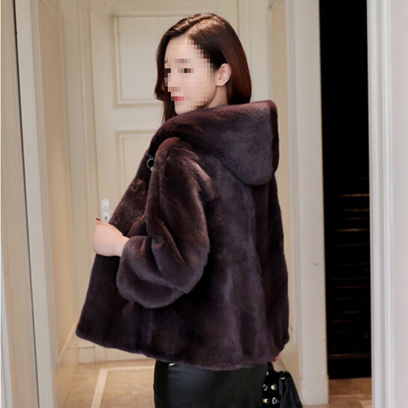 Mink Coat Women's Short Whole Mink Hooded Cross-border Mink Fur Coat Long Sleeve Velvet Haining Casual Jacket