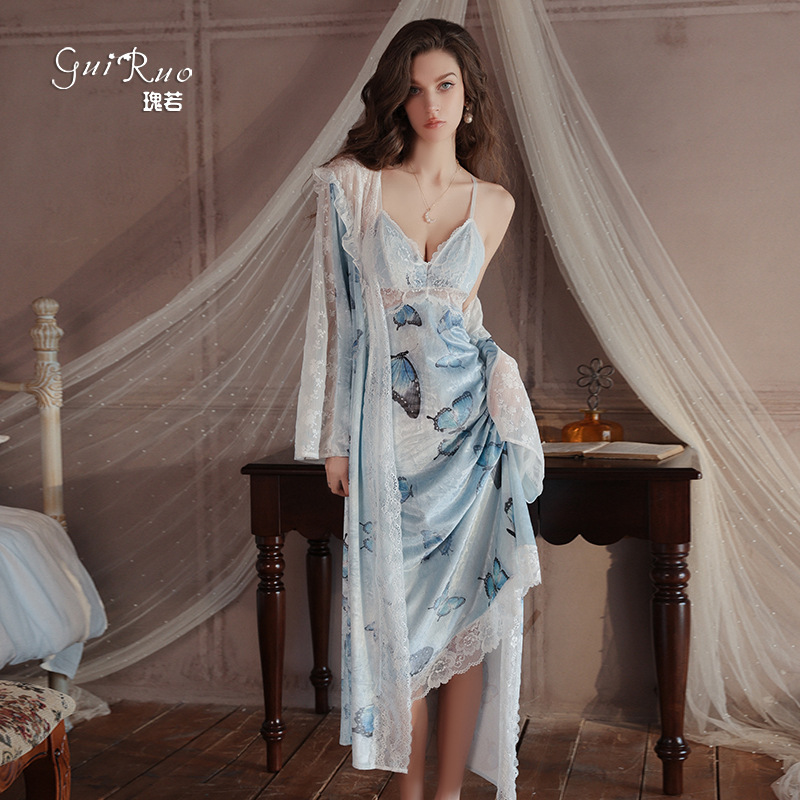 Guiruo Sexy Velvet Deep V Plus Chest Pad Sling Nightgown Hooded Outer Gown Long Women's Home Clothes suit 4827