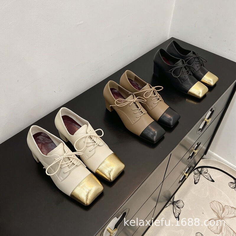 High-end 2026 new model Chanel-style genuine leather square-toed color-blocked retro high-heeled shoes with chunky heels, low-cut fashionable single shoes High-end 2026 new model Chanel-style genuine leather square-toed color-blocked retro high-heeled shoes with chunky heels, low-cut fashionable single shoes