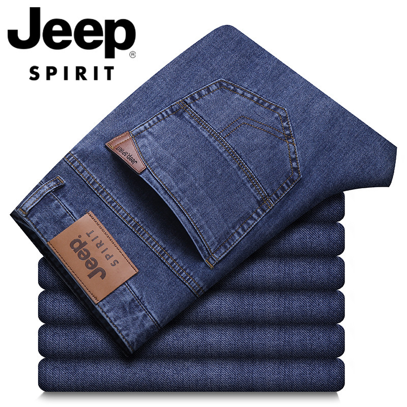 Summer Business Jeans Men's Middle Waist Elastic Straight Casual Loose Middle-aged Blue Trousers Thin J813