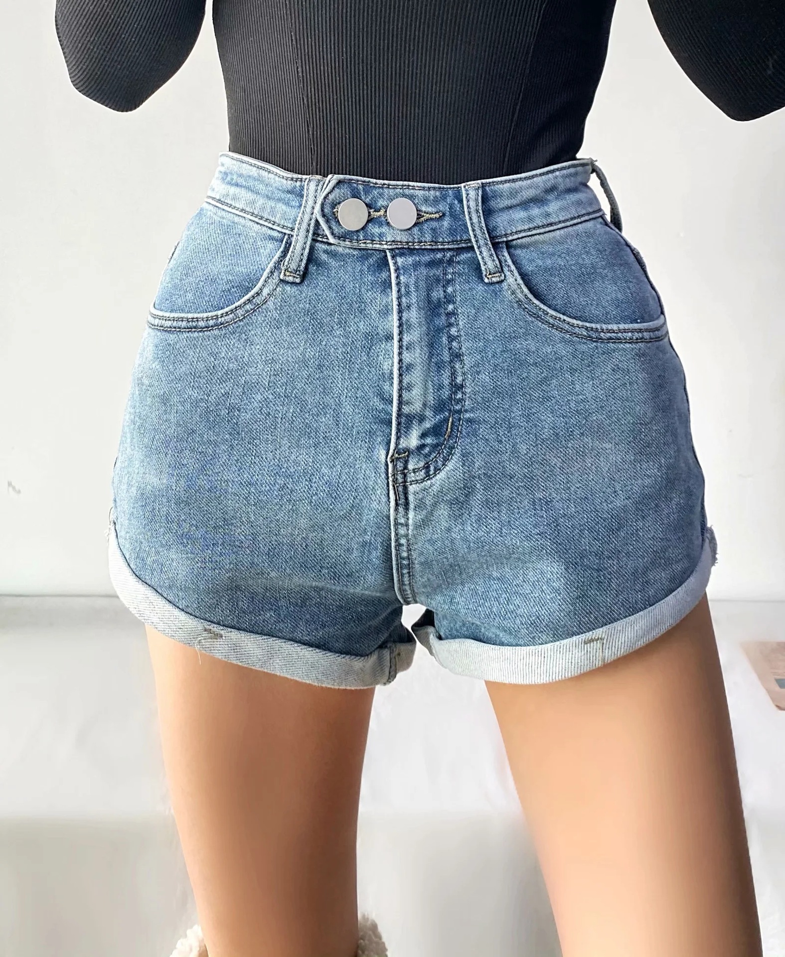 high waist loose curled denim shorts NSAC36830