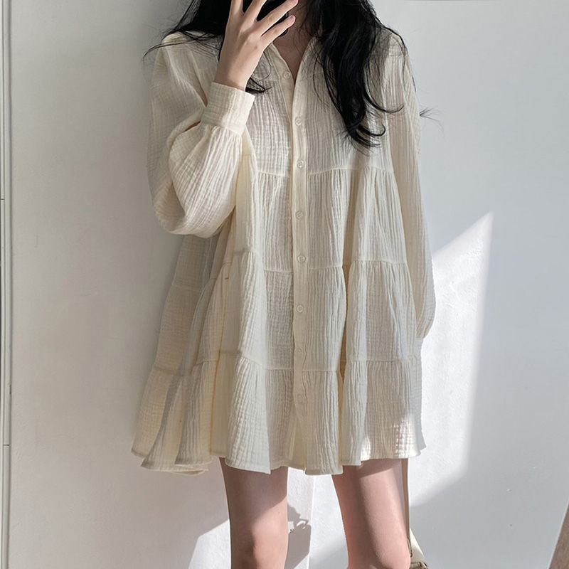 Korean Chic Spring Simple Elegant Lapel Pleated Loose Single-Breasted Puff Sleeve Short Baby Doll Dress