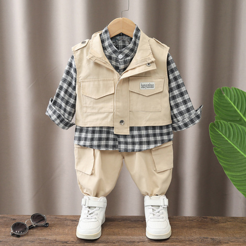 new boys spring and autumn long-sleeved plaid shirt casual trousers sleeveless vest three-piece foreign trade wholesale