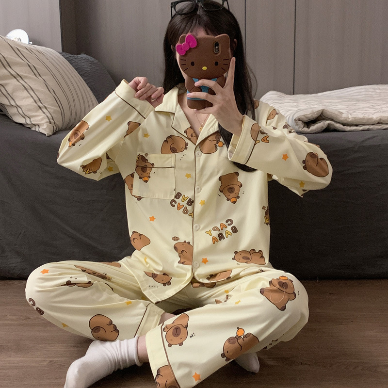 El comercio exterior de primavera y otoño pijamas algodón para las mujeres ins lindo dibujos animados solapa cardigan suelta delgada vestir prendas exteriores homewear