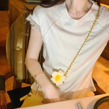 外贸清仓～尾货品牌蕾丝拼接圆领短袖t恤褶皱收腰小飞袖短款上衣