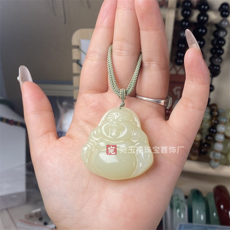(2개) 공장 도매 아프간 옥 녹색 흰색 양면 MAITREYA 미소 부처님 펜던트 남녀 빛 맑은 물 부처님 옥 펜던트