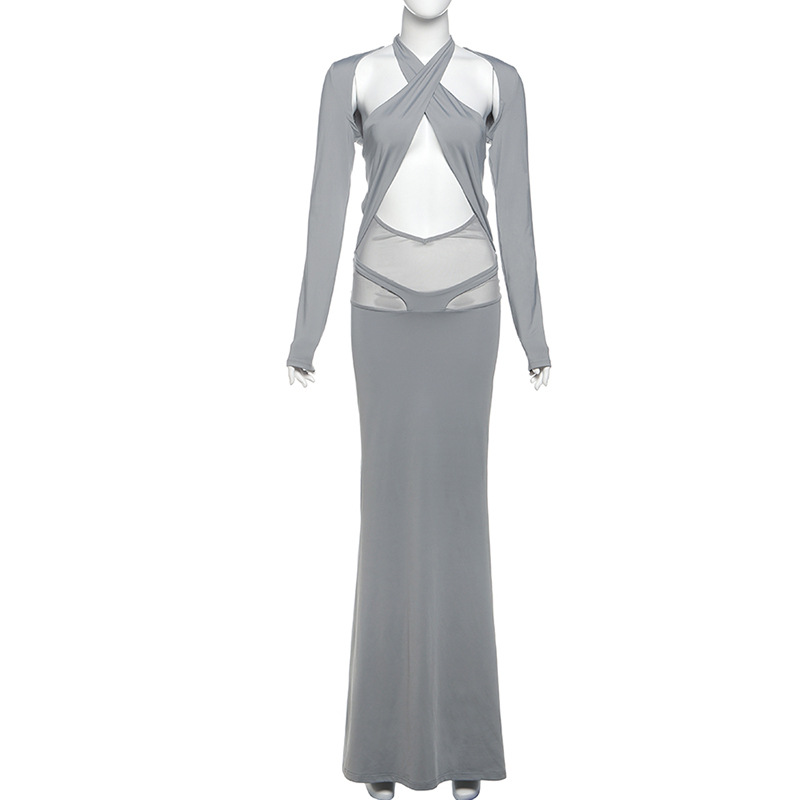 Conjunto de vestido de primavera para mujer, blusa de manga larga ajustada de color liso con cuello halter y cordones.