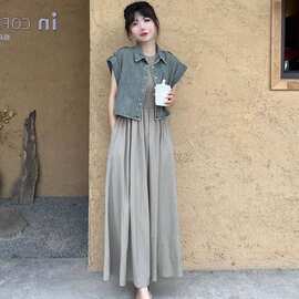连衣裙子夏装减龄洋气牛仔外套盐系两件套一整套轻熟茶系穿搭搭配