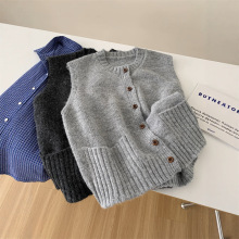 跨境秋冬新款软糯叠穿圆领针织马甲女复古口袋设计韩系灰色背心女