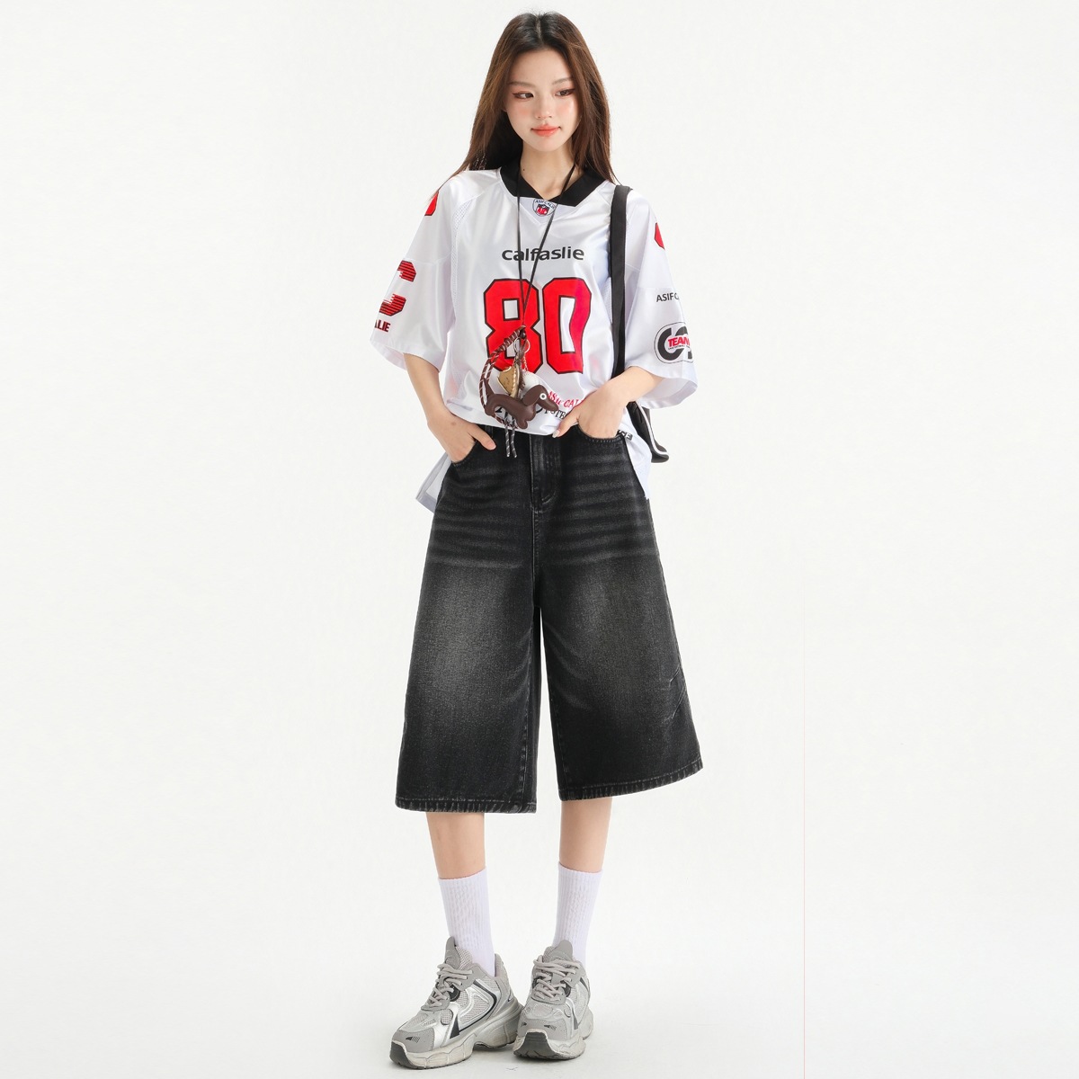 新款现货2026秋季七分阔腿牛仔裤女美式复古高腰显瘦宽松褶皱裤子