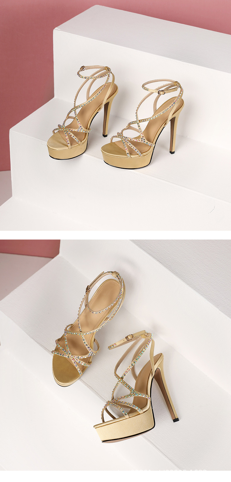 Sandal cao gót nữ quai ngang đính đá rhinestone gót nhỏ 13 cm — Vàng (13cm) chi tiết 9