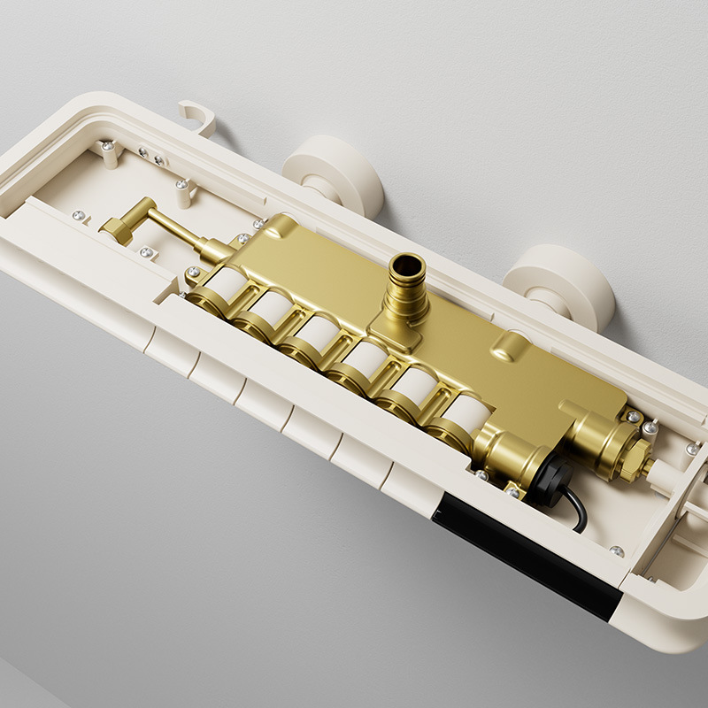 Juego de cabezal de ducha gris blanco de seis funciones con rociador superior en cascada, rociador de cintura, pantalla digital, luz ambiental, baño de ducha