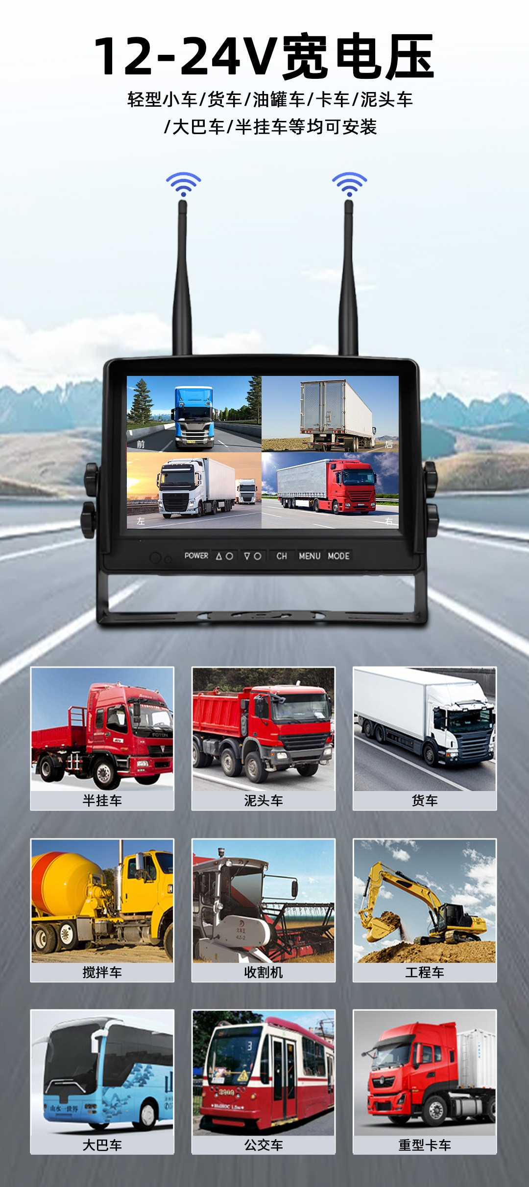 Truck Wireless Monitoring Dual Antenna Wifi Car Camera Monitor Hd Wireless Reversing Display Screen
