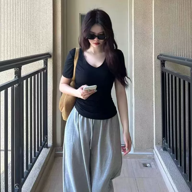 纯欲风辣妹V领修身短袖T恤女2025夏季新款性感打底衫外贸女装上衣