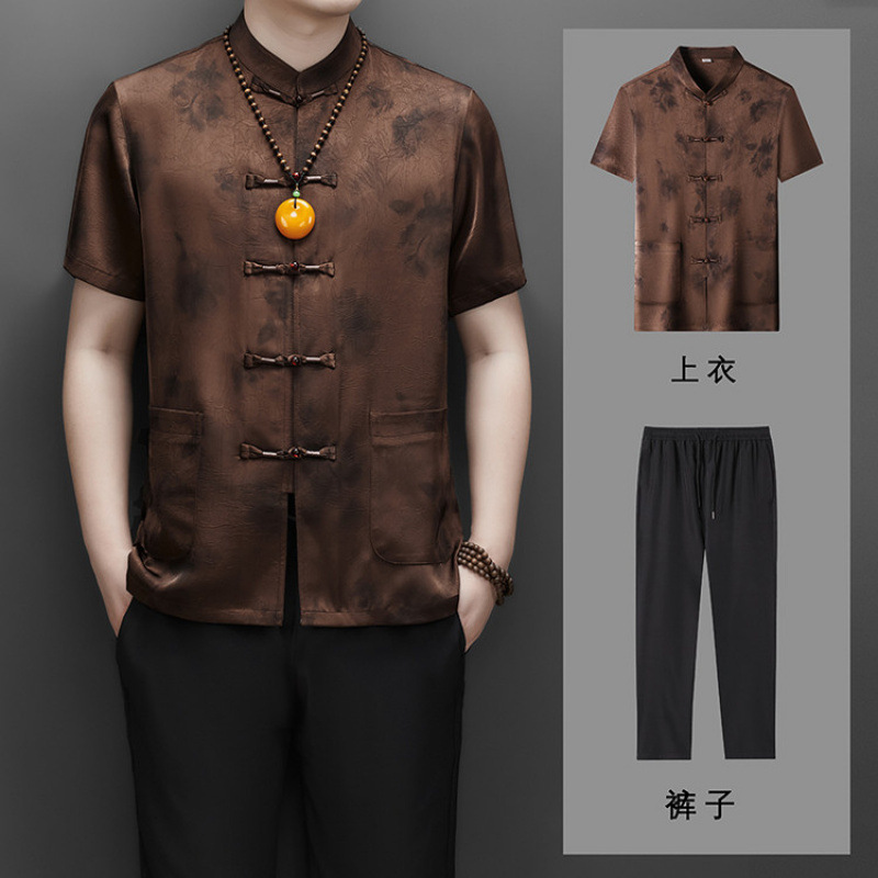 2025 夏中国風香雲糸唐スーツスーツメンズ半袖中高年夏大きいサイズお父さんスーツ服|undefined