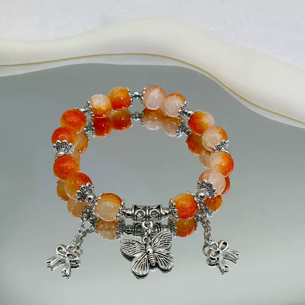Jade Broken Orange Pink Butterfly Double Tassel Bracelet #SZ480#SZ476