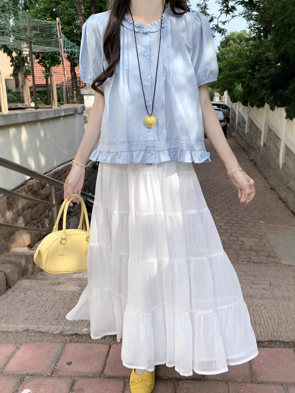 韓国カレッジスタイル2025夏韓国風小ぶりフレッシュ木耳襟万能ゆったりシャツ小柄シャツ|undefined