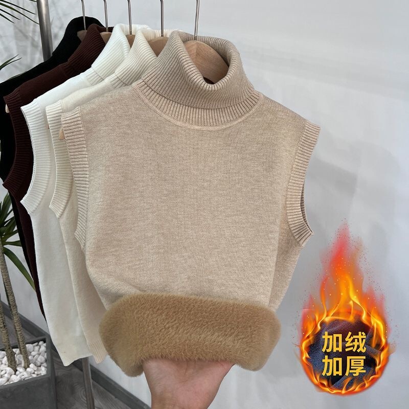 Sleeveless layered turtleneck sweater for women, thickened and fleece-lined, knitted base layer, warm vest, suitable for wearing as a waistcoat in autumn and winter, white Sleeveless layered turtleneck sweater for women, thickened and fleece-lined, knitted base layer, warm vest, suitable for wearing as a waistcoat in autumn and winter, white