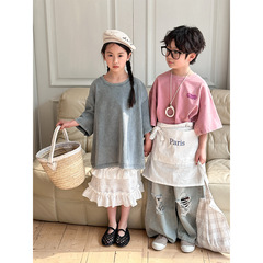 2024夏季新品韓版兒童石磨短袖男童女童百搭字母寬鬆版套頭上衣潮