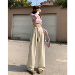 白色高腰闊腿牛仔褲女秋季新款小眾設計感顯瘦寬鬆垂感直筒長褲