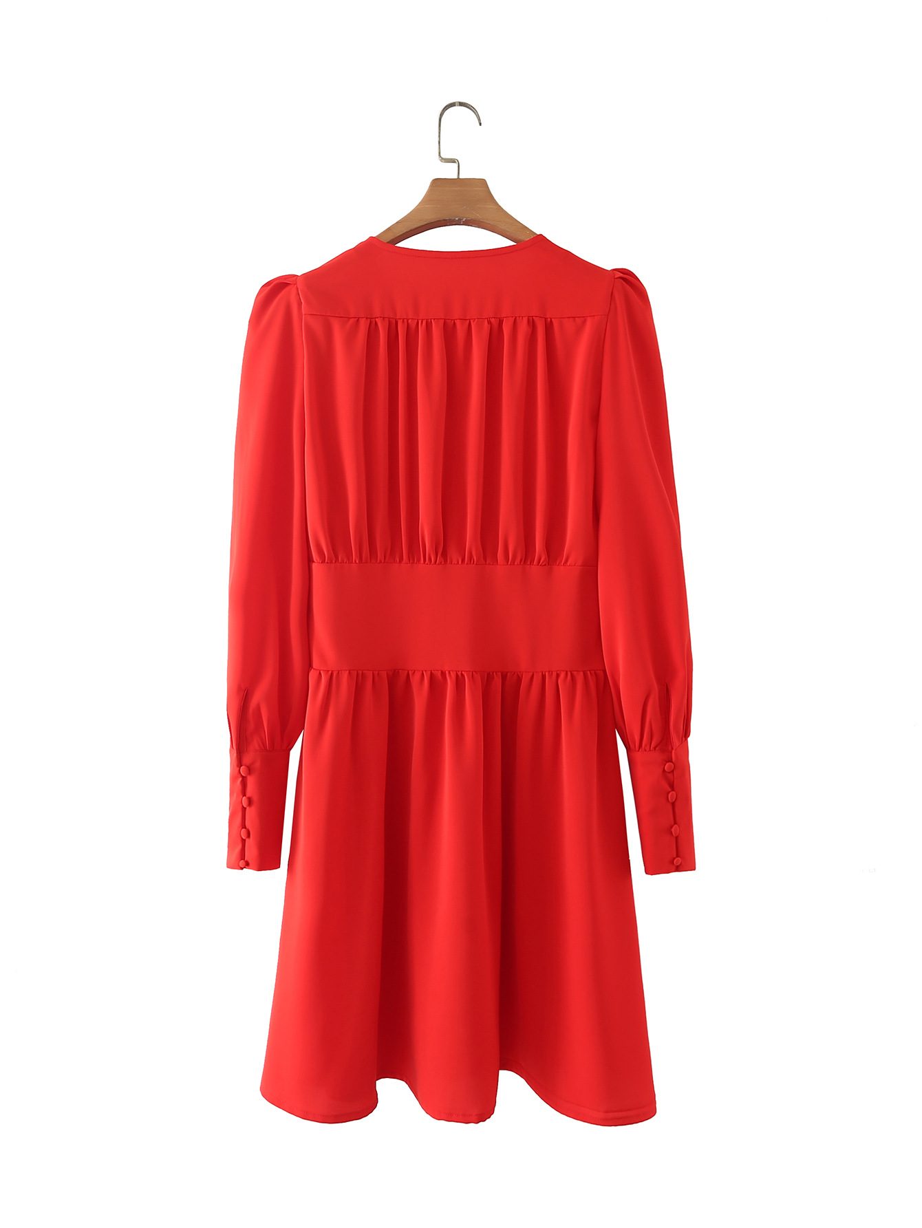 Red Long-Sleeved V-Neck Receiving Waist Dress NSBRF101391