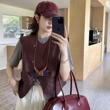 美怡欧货复古PU皮马甲女外穿2024早秋新款安可拉红无袖坎肩皮马夹