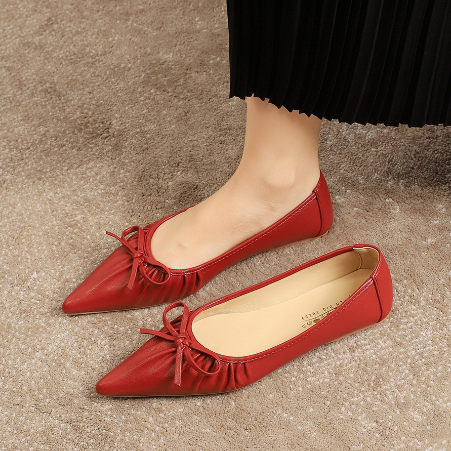 2873-19 Korean version one foot flat shoes with bow, Japanese style flat heel, shallow mouth, wrinkled pointed toe, versatile single shoe