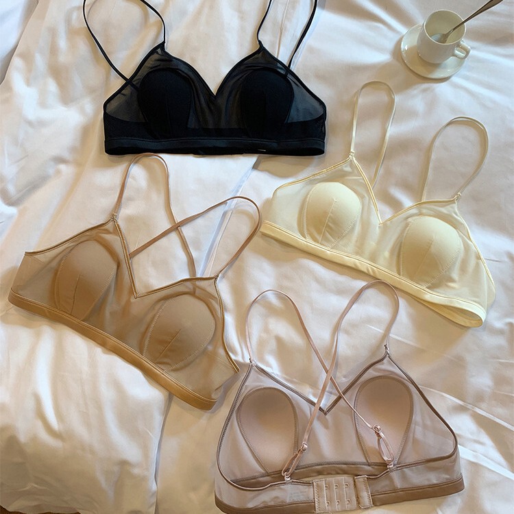 Xinbangbang Bra Spaghetti Straps Cross Back Bra Women's Ultra-Thin Anti-Bump Rabbit Ear Cup Breathable Mesh Bra