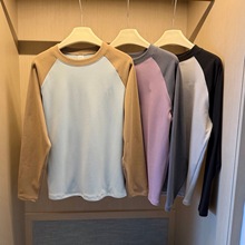 5秋冬新款女士撞色德绒插肩长袖打底衫内搭加厚t恤上衣1023d11