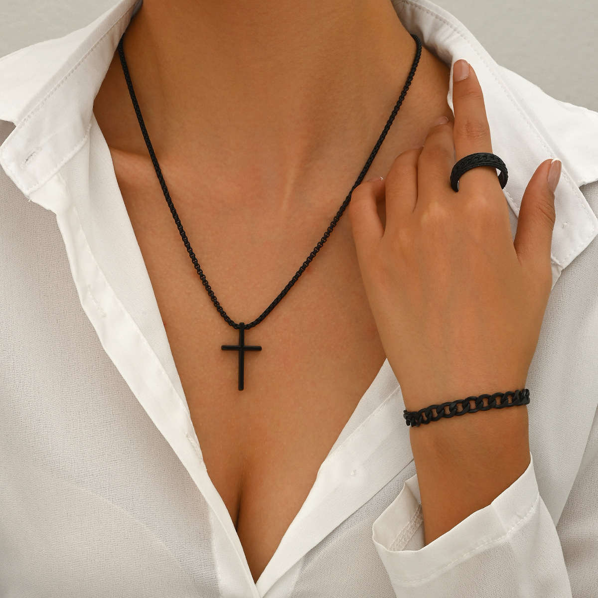 Joyas para hombres europeos y estadounidenses Amazon SHEINtemu crucifijo joyas cadena anillo pulsera collar conjunto de tres piezas